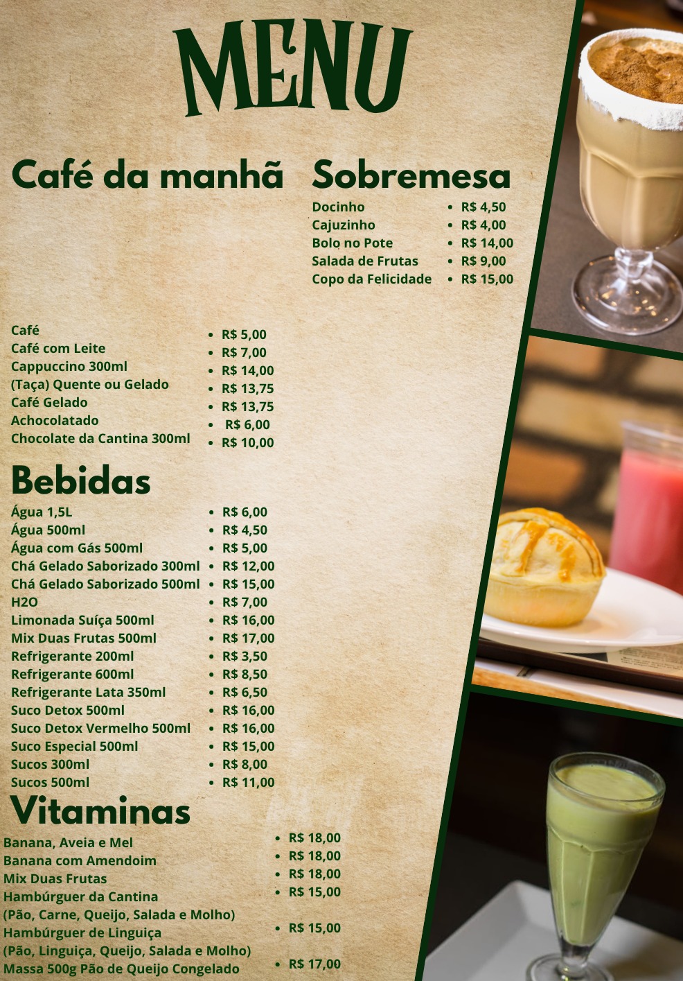 Cardápio Bebidas & Café da Manhã